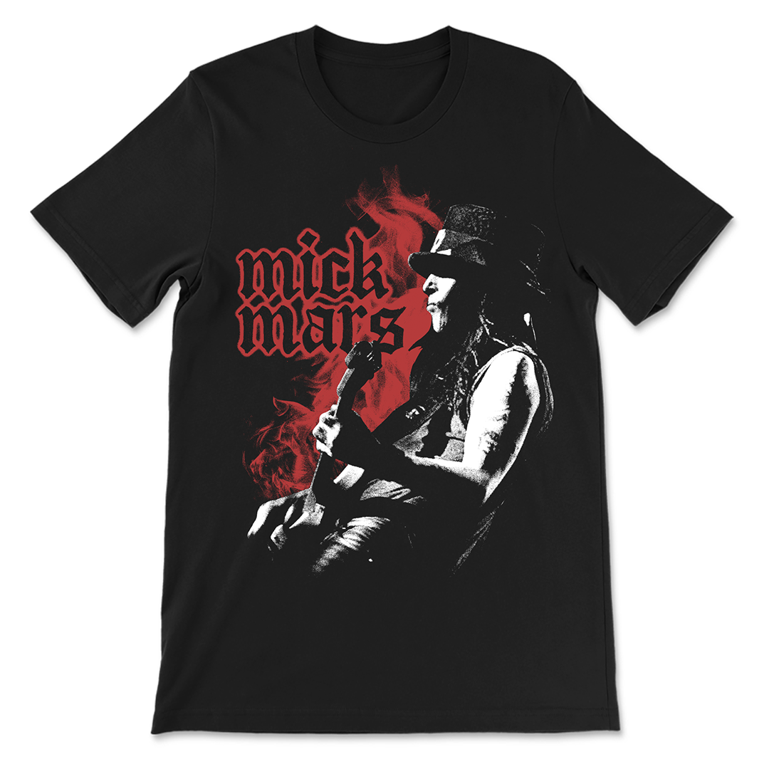 Black t-shirt featuring a rock musician graphic and ’Mick Mars’ text in red gothic lettering.