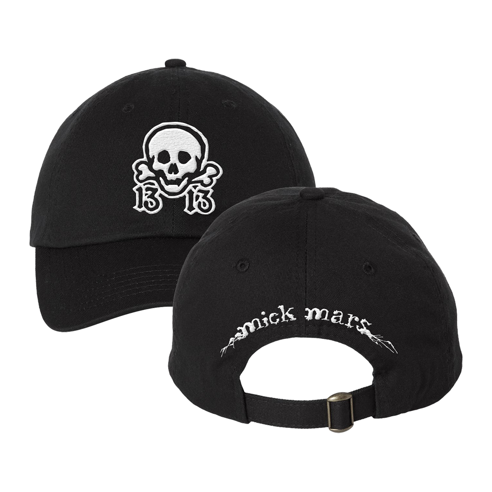 Black baseball cap with a skull and crossbones logo on the front and ’mick mars’ text on the back.