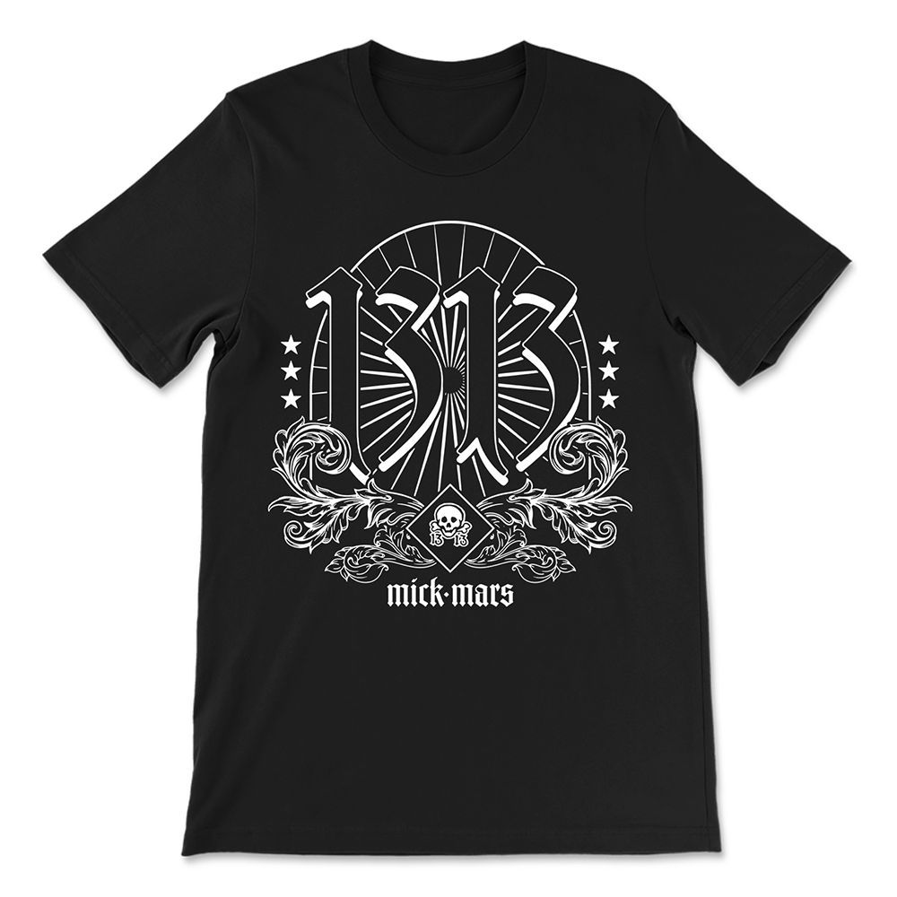 Black t-shirt with an ornate white graphic design featuring the number ’13’ and the text ’mick mars’.