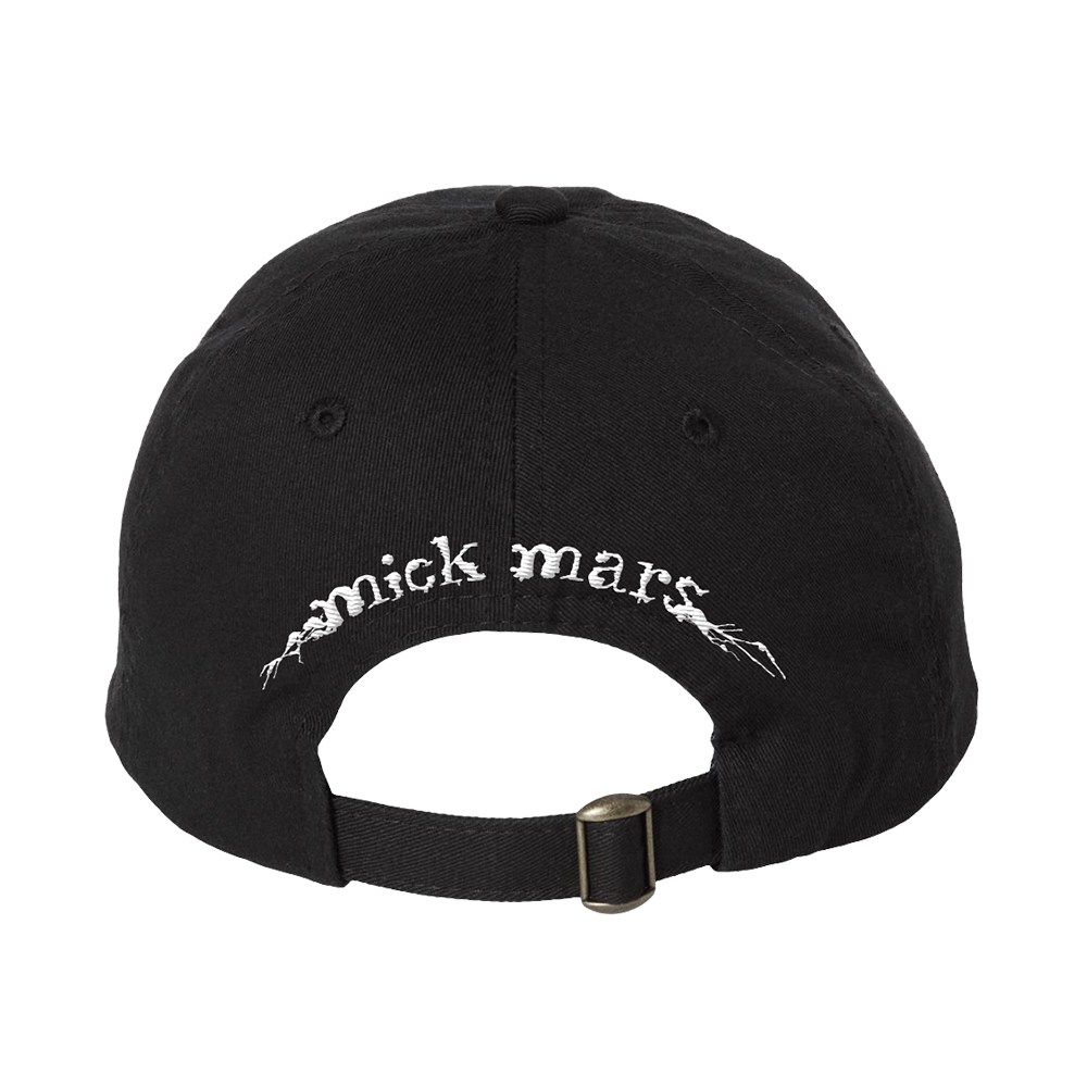 Black baseball cap with ’mick mars’ embroidered on the back strap.