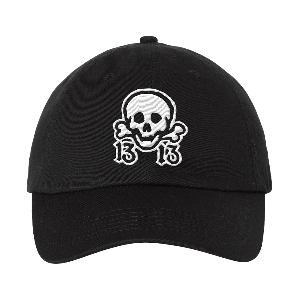Black baseball cap with a white skull and crossbones logo featuring the number 13.
