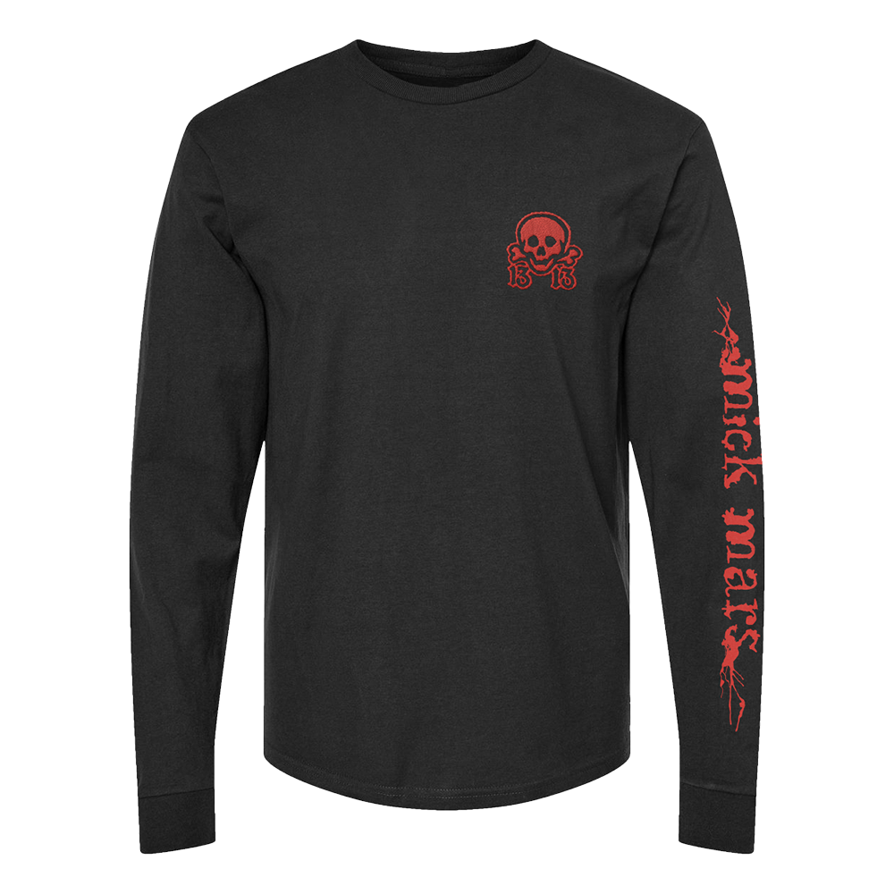 Black long-sleeved t-shirt with red skull logo and text on sleeve.